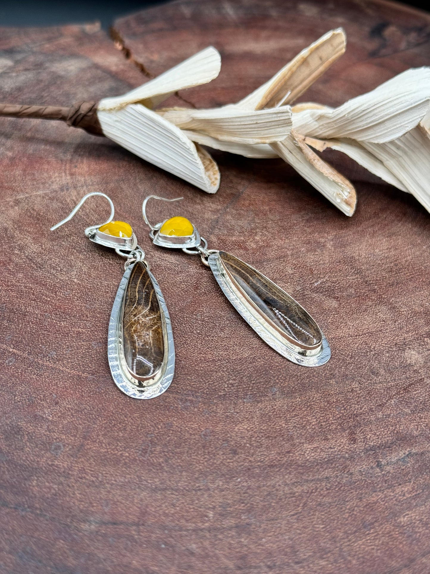 Golden Oak Petrified Wood and Yellow Chalcedony Earrings