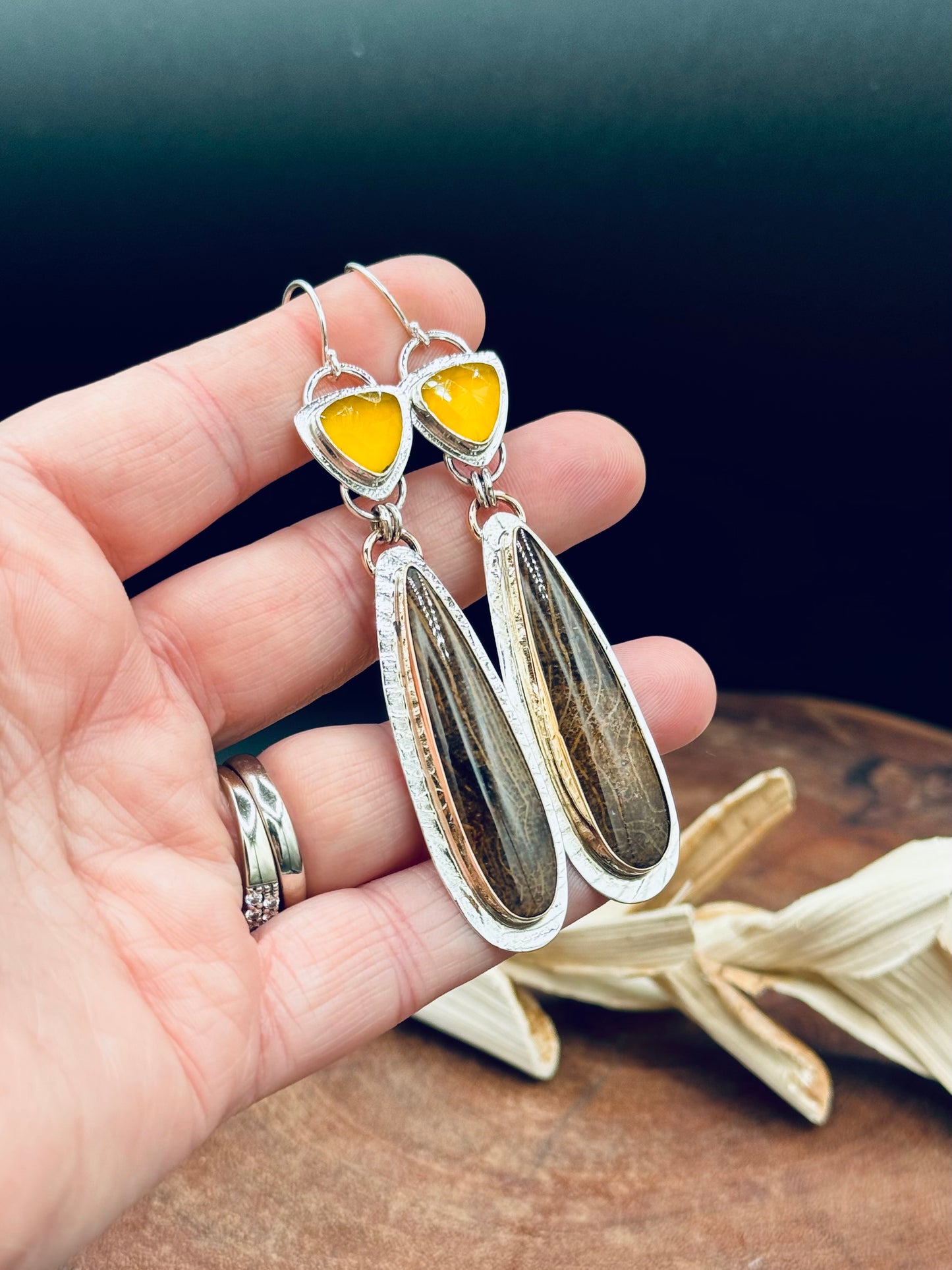 Golden Oak Petrified Wood and Yellow Chalcedony Earrings