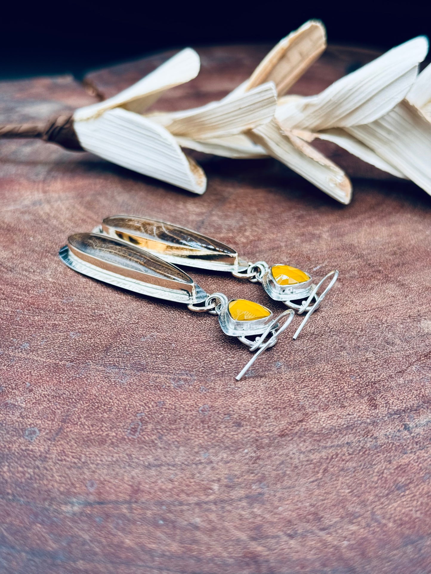 Golden Oak Petrified Wood and Yellow Chalcedony Earrings