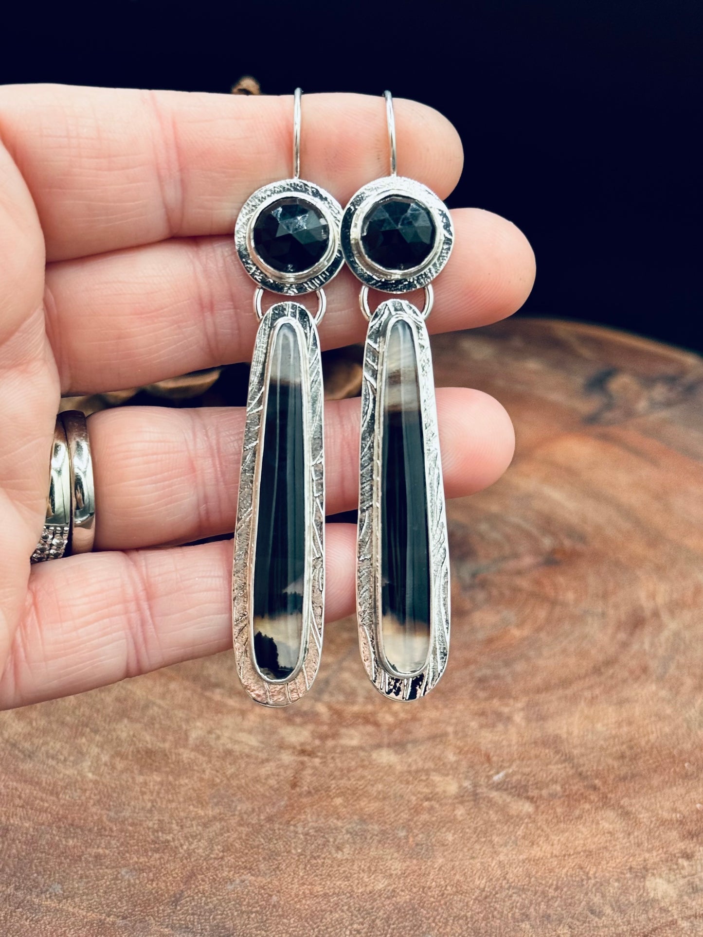 Montana Agate and Black Onyx Sterling Silver Patterned Earrings