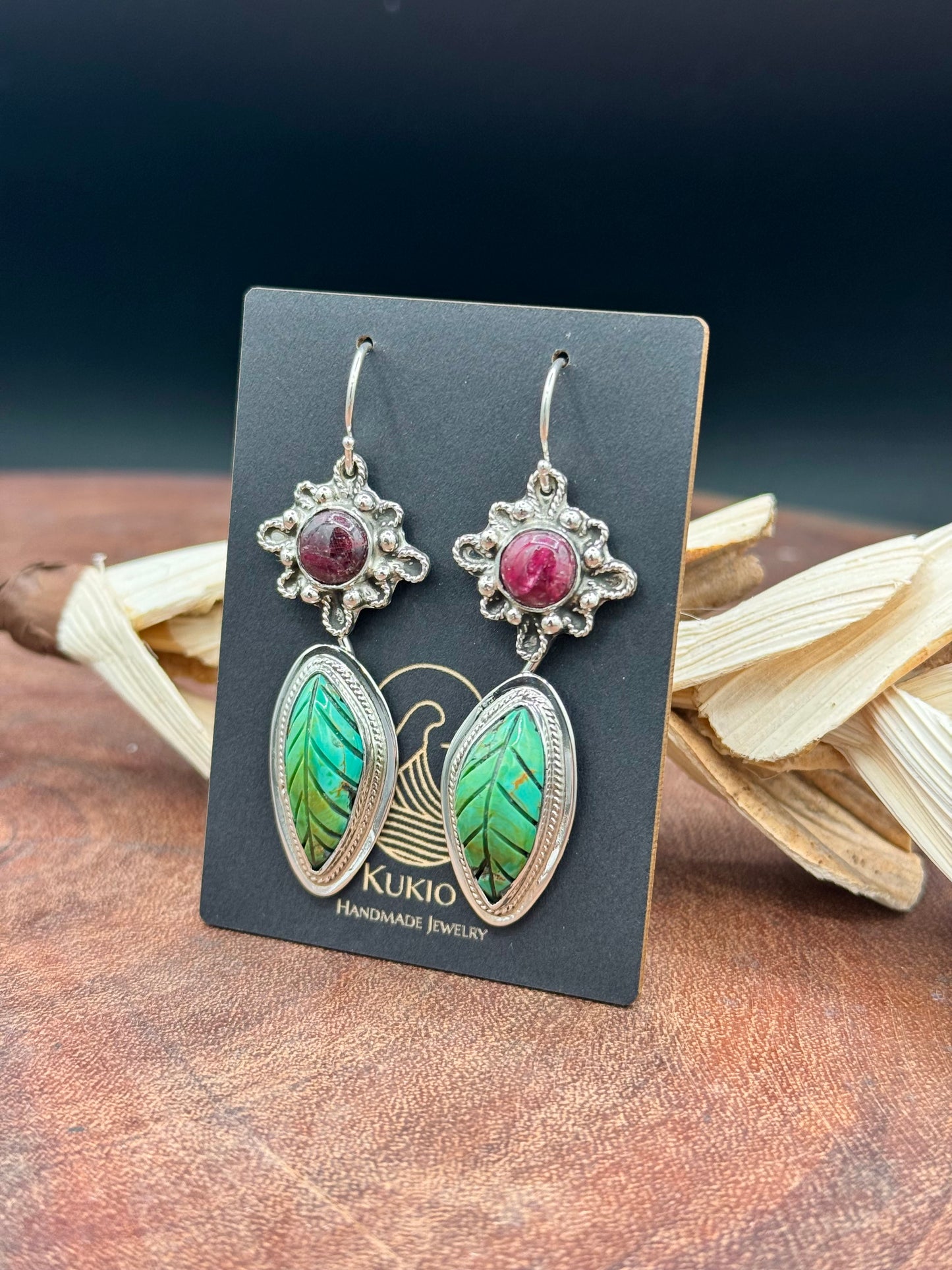 Carved Turquoise and Ruby Flower Sterling Silver Earrings Earrings