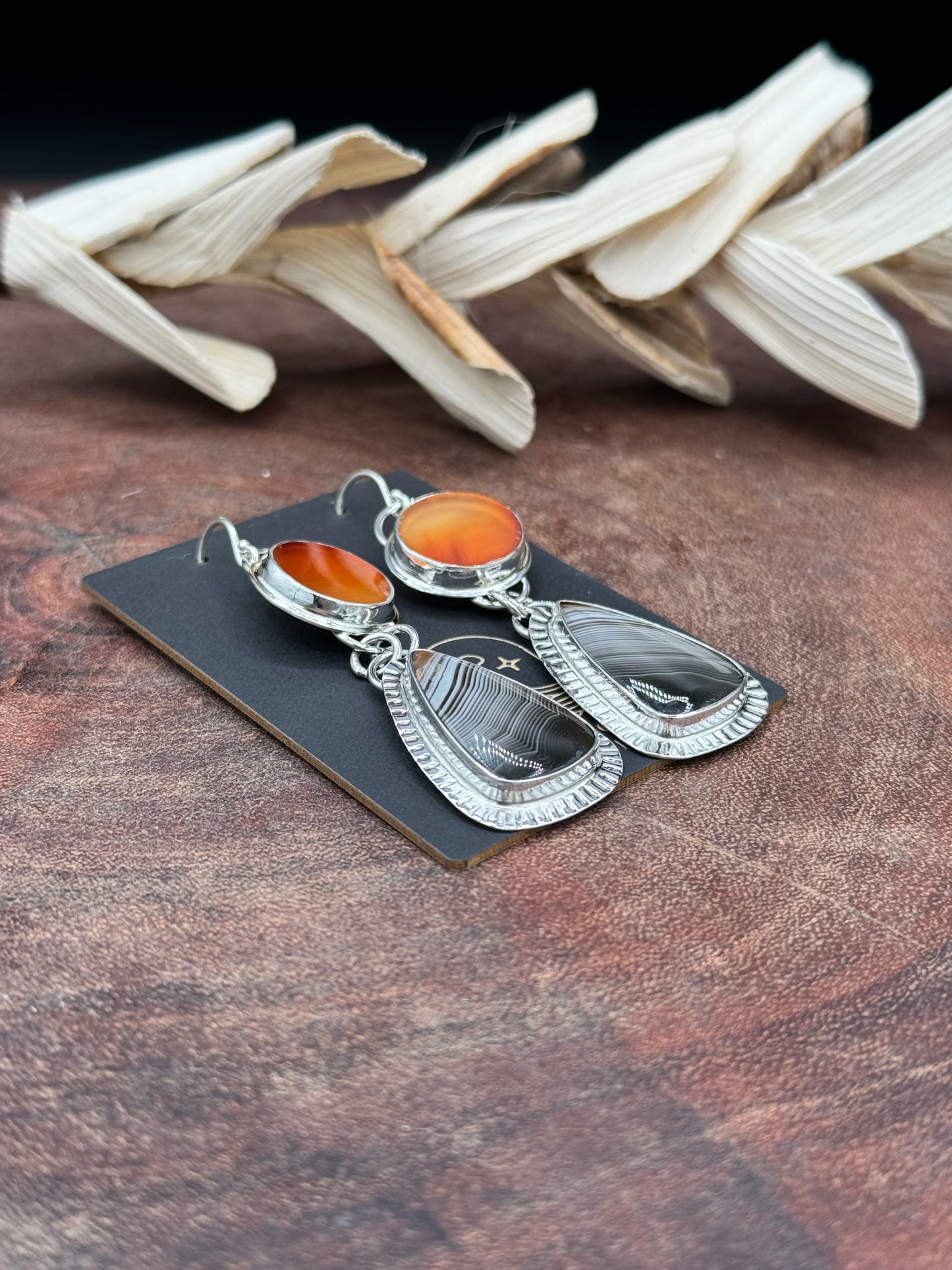 Timor Agate and Carnelian Sterling Silver Earrings