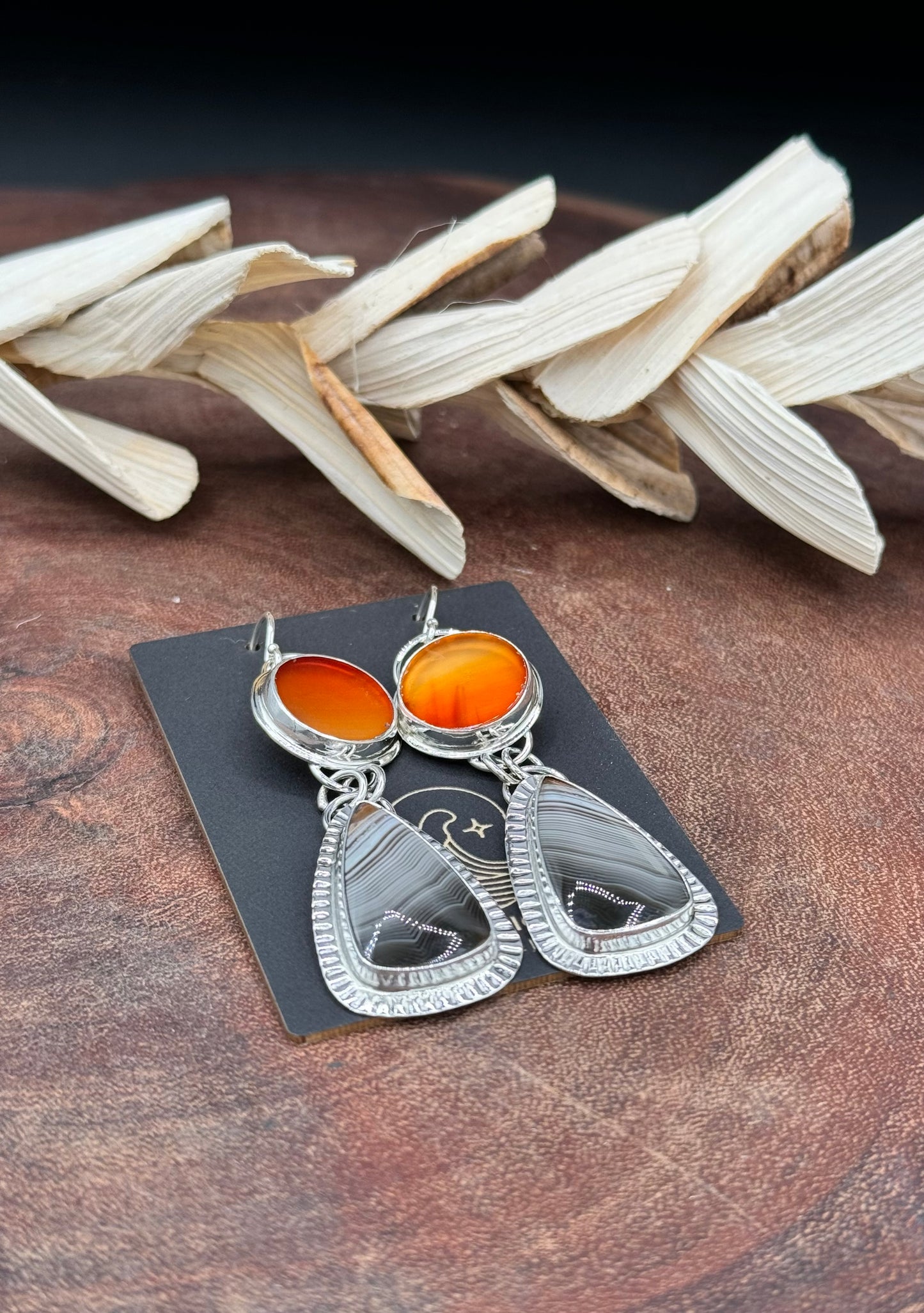 Timor Agate and Carnelian Sterling Silver Earrings