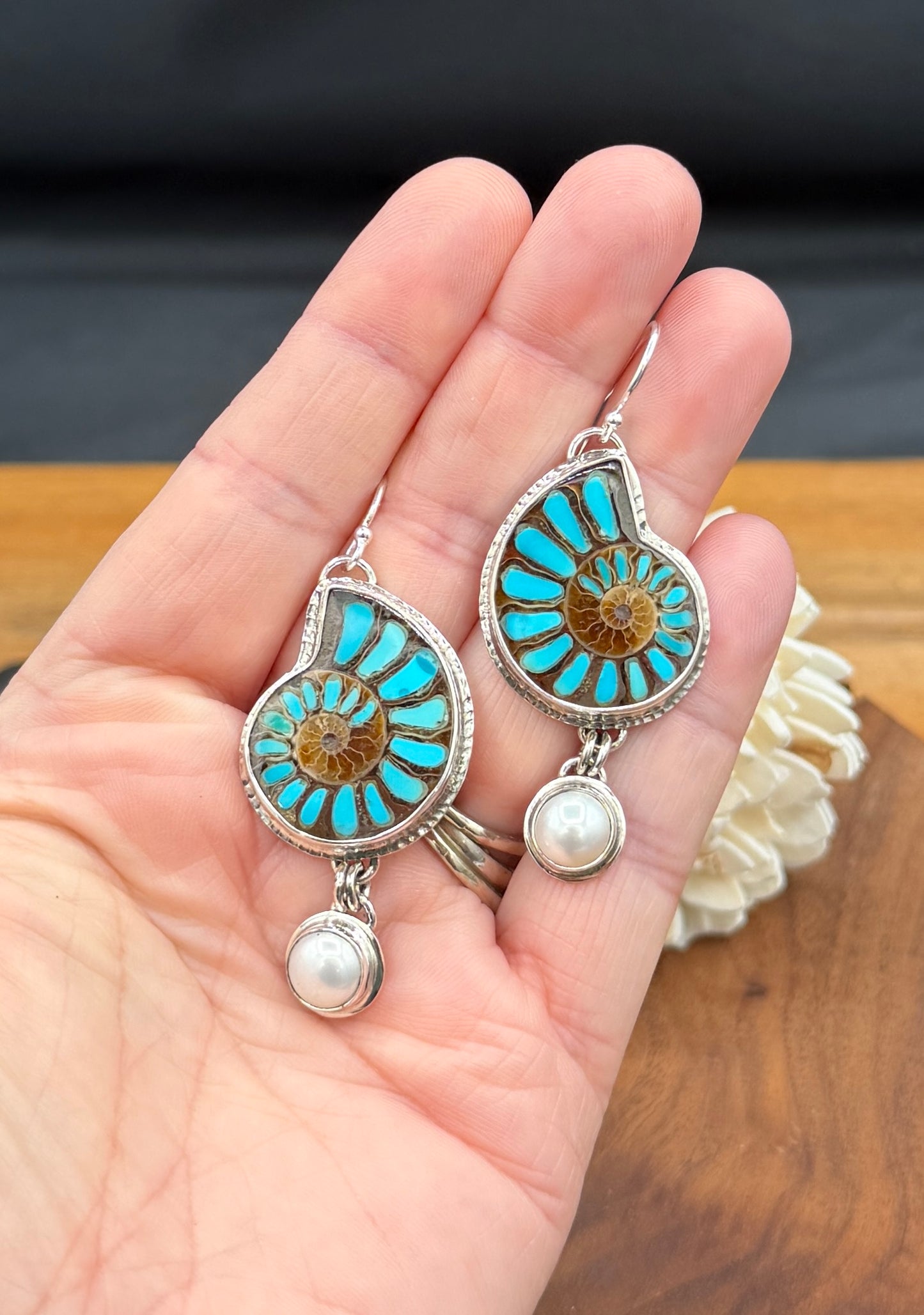Sterling Silver Ammonite with Tuquoise Inlay and Pearl Earrings