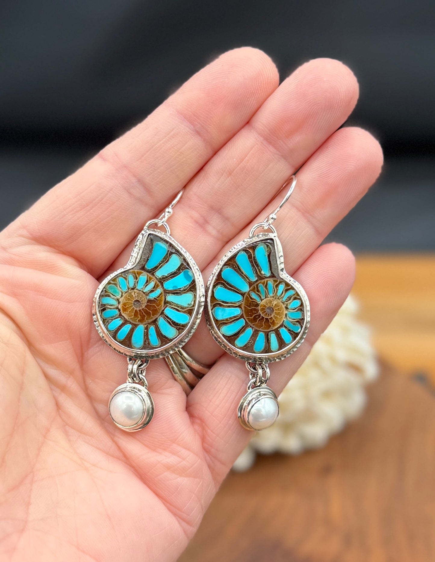 Sterling Silver Ammonite with Tuquoise Inlay and Pearl Earrings
