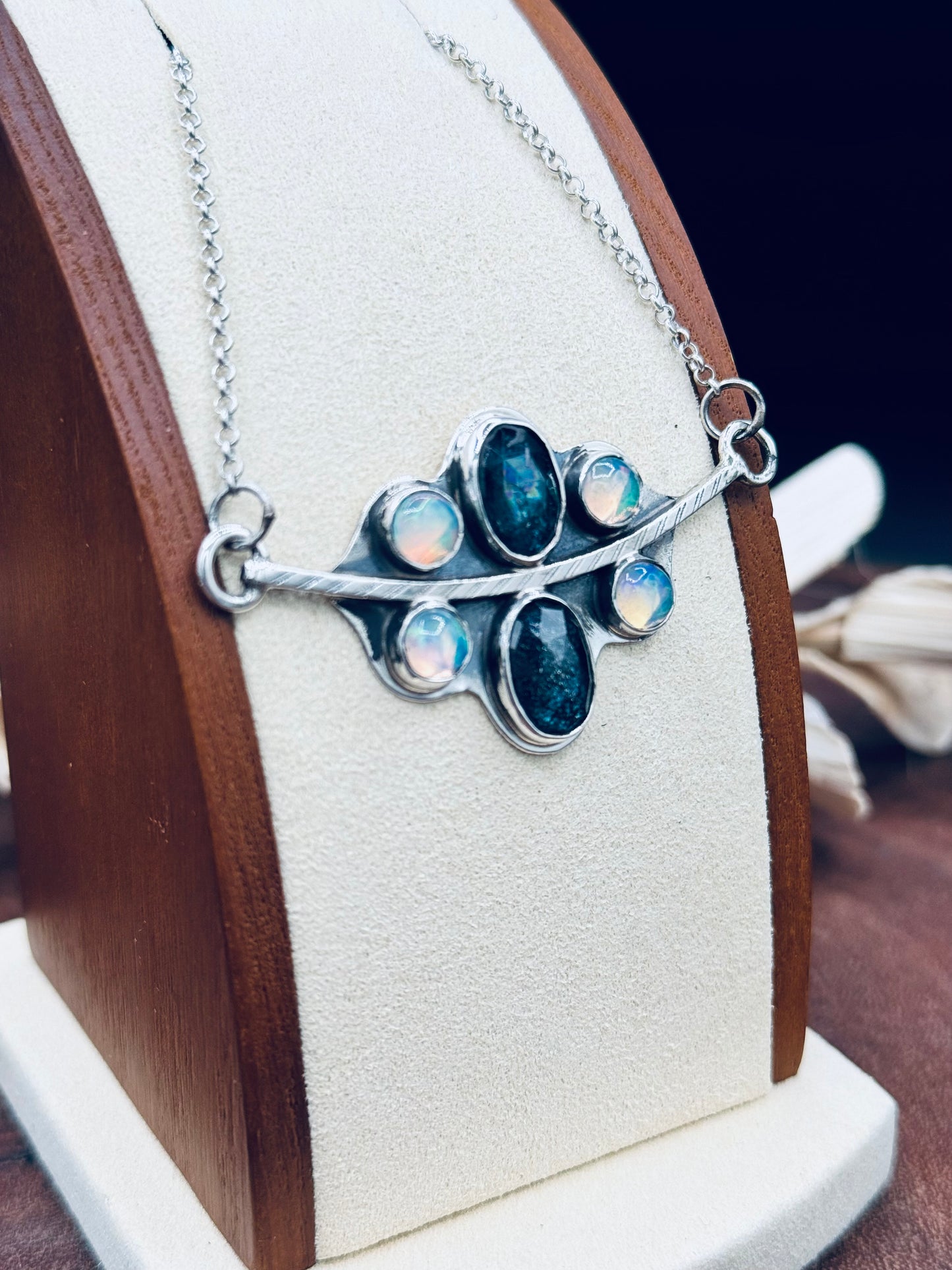 Sterling Silver Teal Moss Kyanite and Opal Necklace