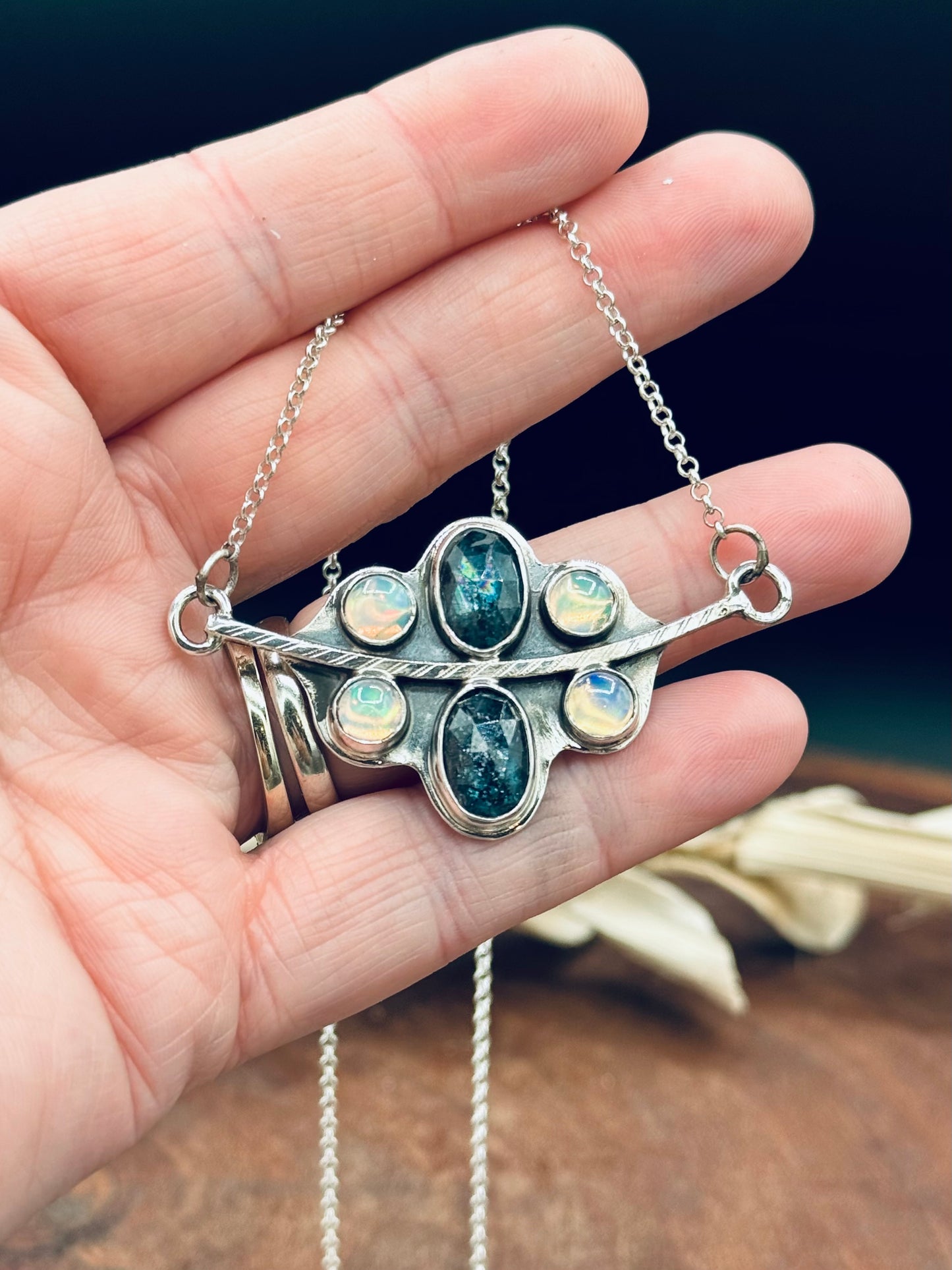 Sterling Silver Teal Moss Kyanite and Opal Necklace