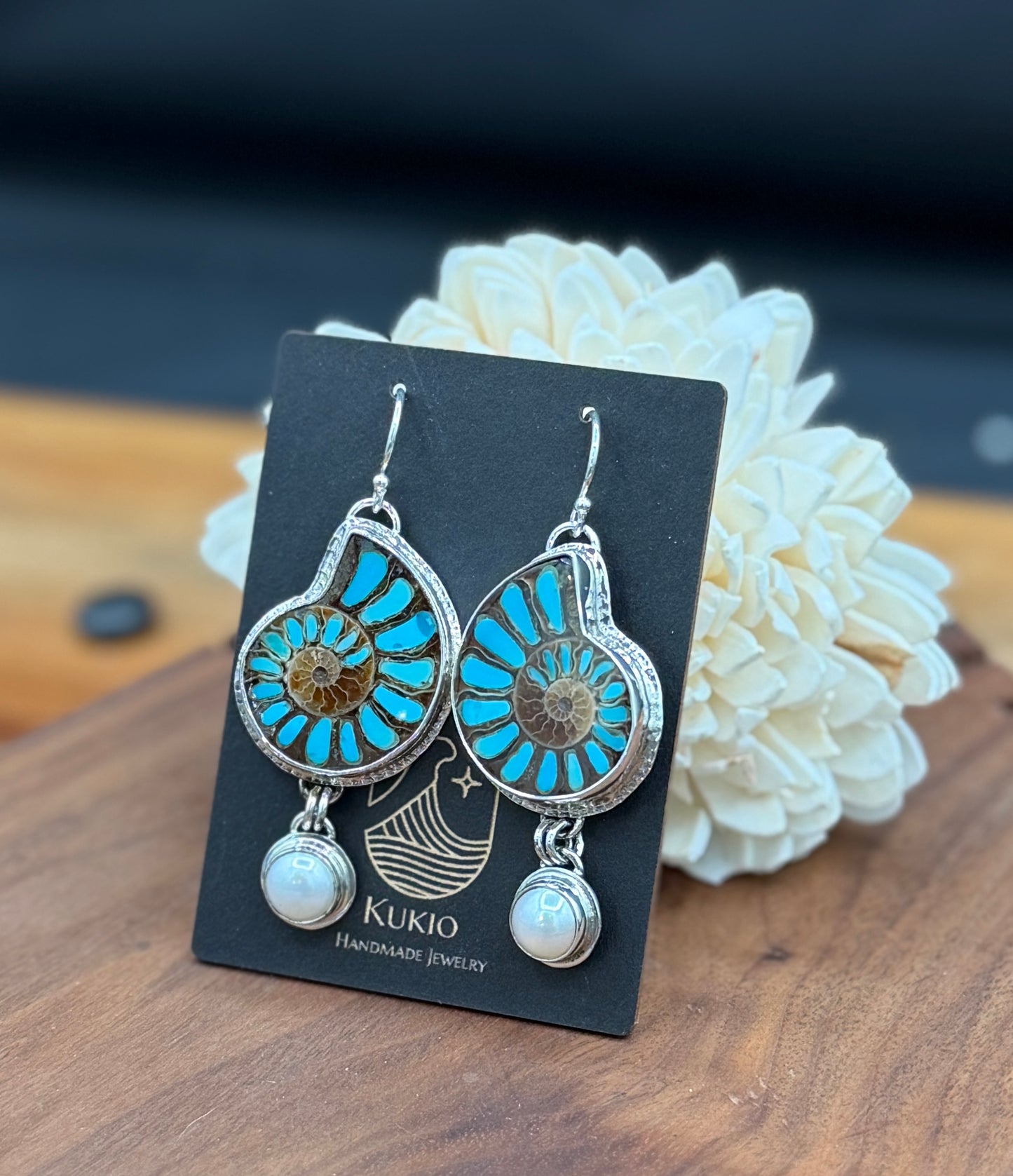 Sterling Silver Ammonite with Tuquoise Inlay and Pearl Earrings