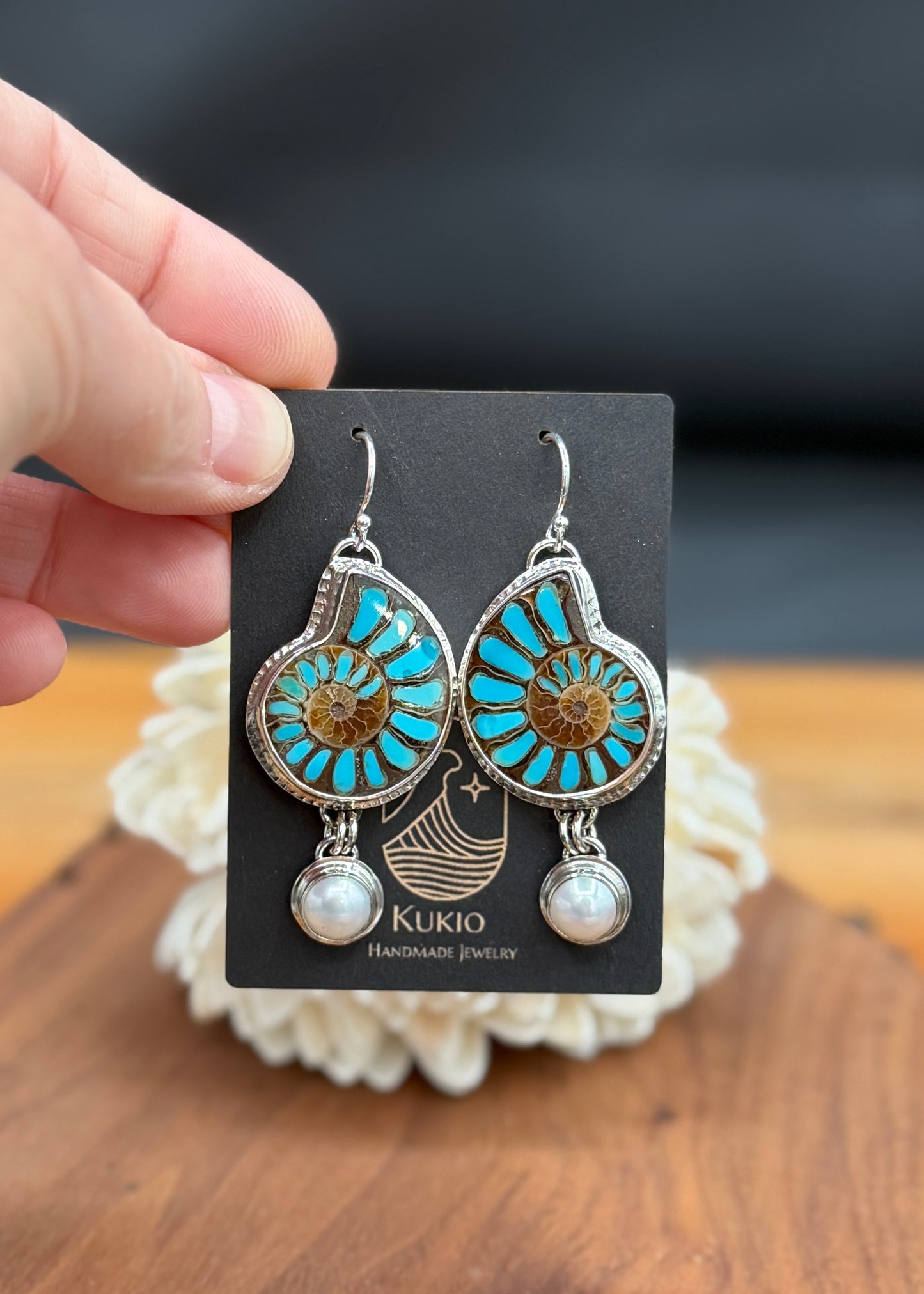Sterling Silver Ammonite with Tuquoise Inlay and Pearl Earrings