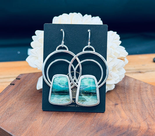 Sterling Silver Double Hoop Opalized Wood Earrings