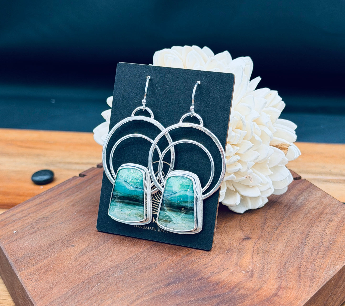 Sterling Silver Double Hoop Opalized Wood Earrings