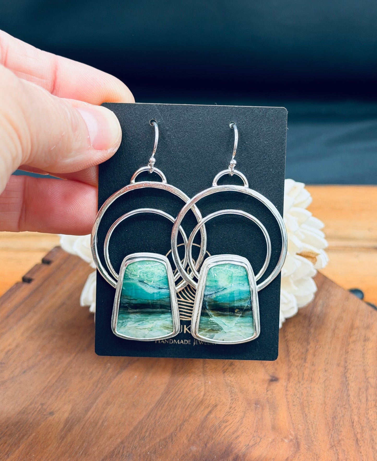 Sterling Silver Double Hoop Opalized Wood Earrings