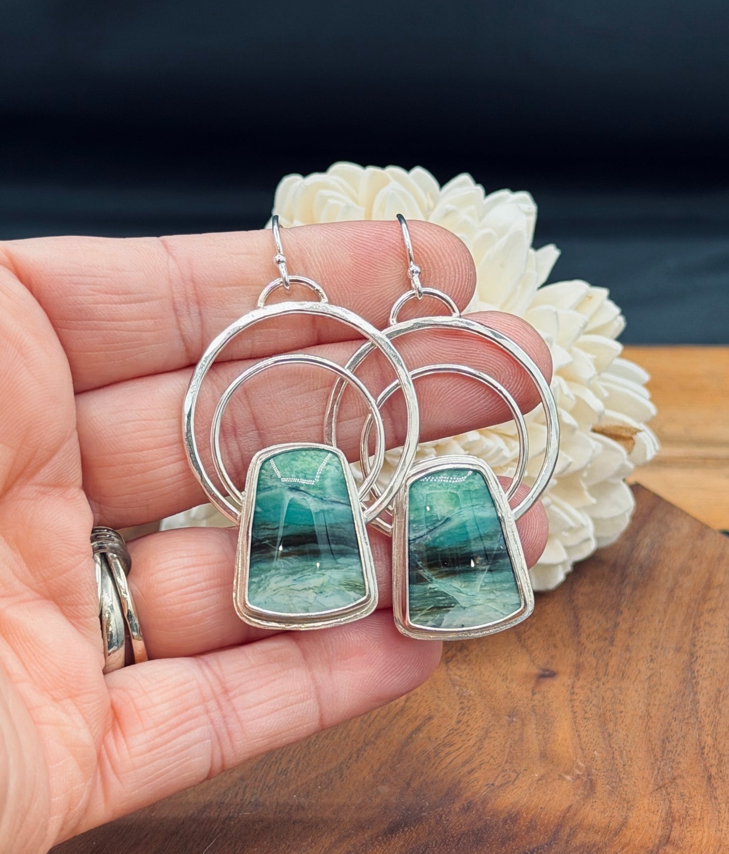 Sterling Silver Double Hoop Opalized Wood Earrings