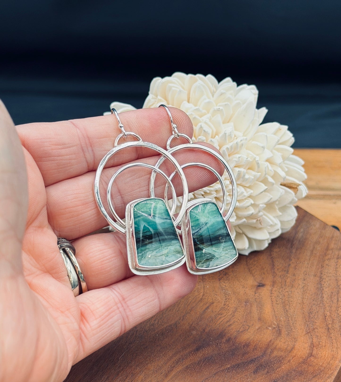 Sterling Silver Double Hoop Opalized Wood Earrings