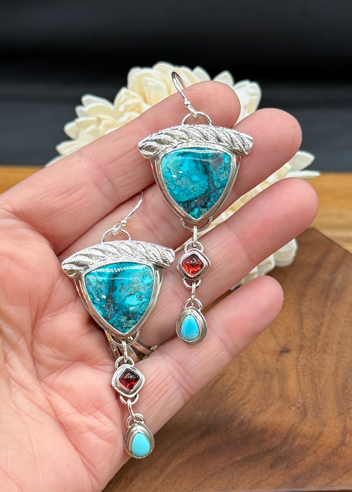 Sterling Silver Shattuckite, Chrysocolla and Cuprite Earrings with Turquoise and Garnet