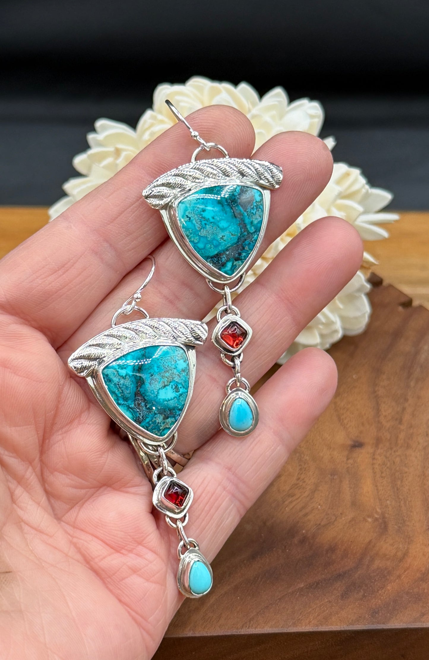 Sterling Silver Shattuckite, Chrysocolla and Cuprite Earrings with Turquoise and Garnet
