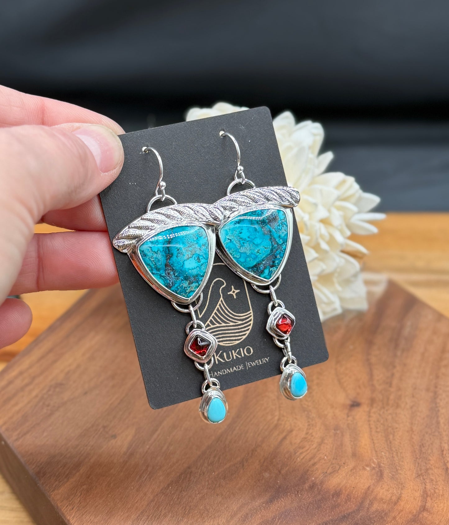 Sterling Silver Shattuckite, Chrysocolla and Cuprite Earrings with Turquoise and Garnet