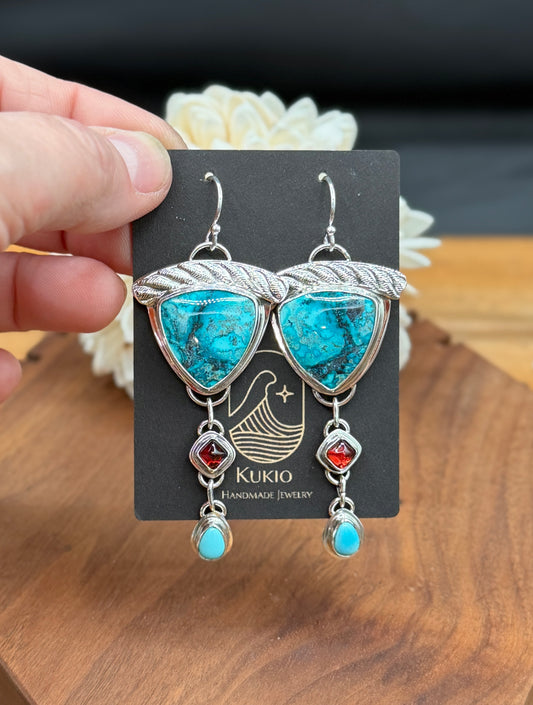 Sterling Silver Shattuckite, Chrysocolla and Cuprite Earrings with Turquoise and Garnet
