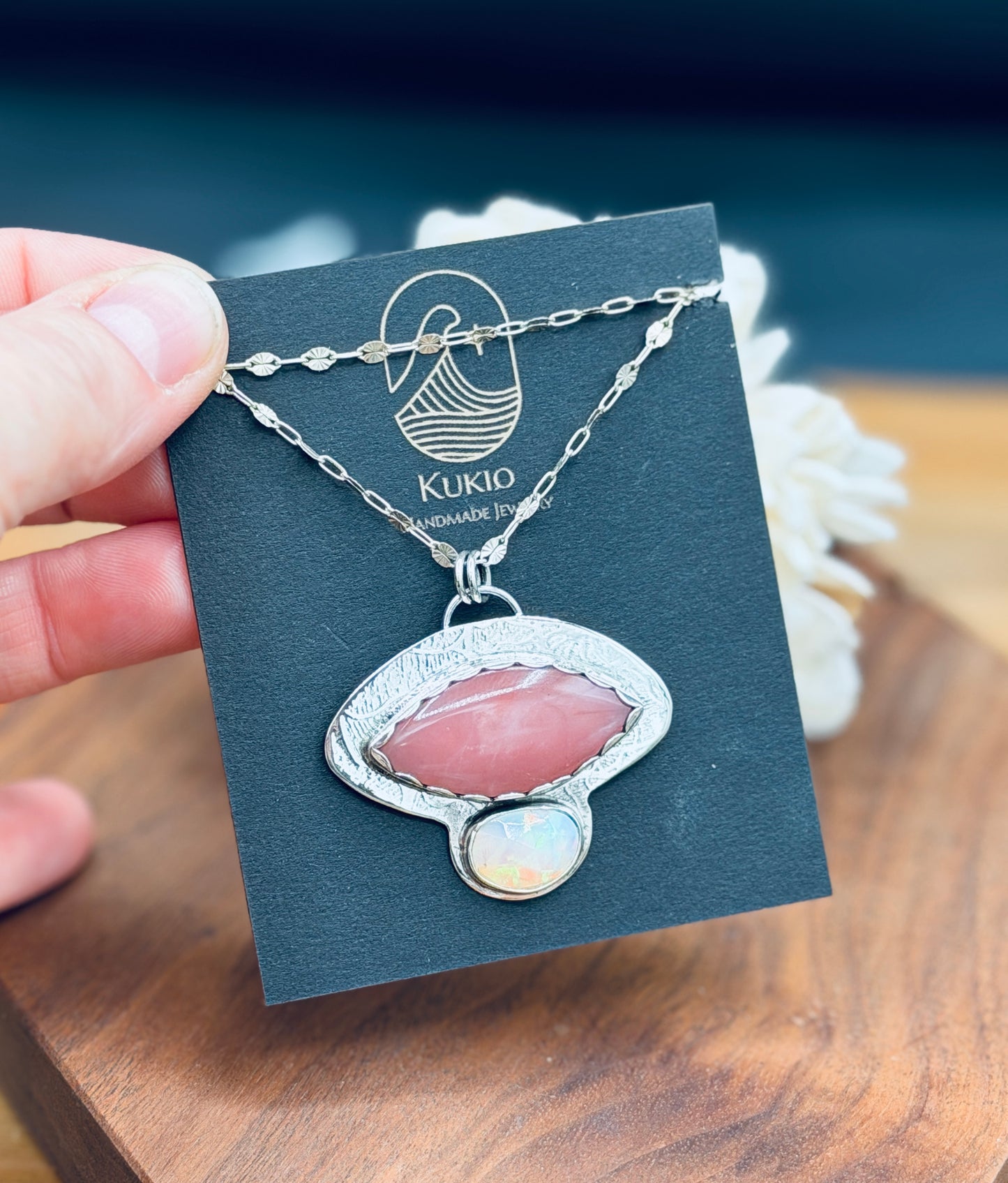 Guava Quartz and Ethiopian Welo Opal Sterling Silver Pendant