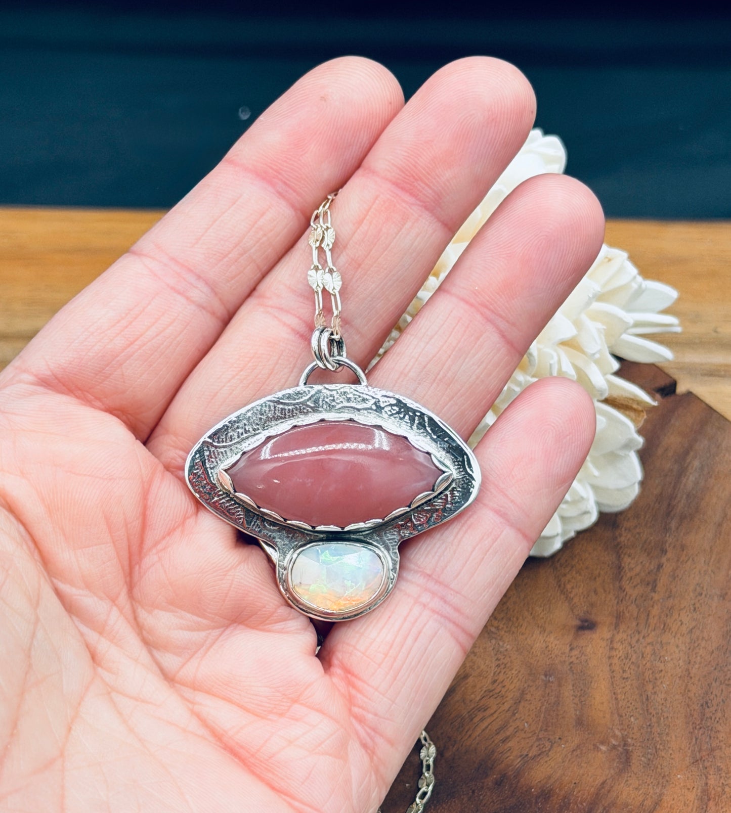 Guava Quartz and Ethiopian Welo Opal Sterling Silver Pendant