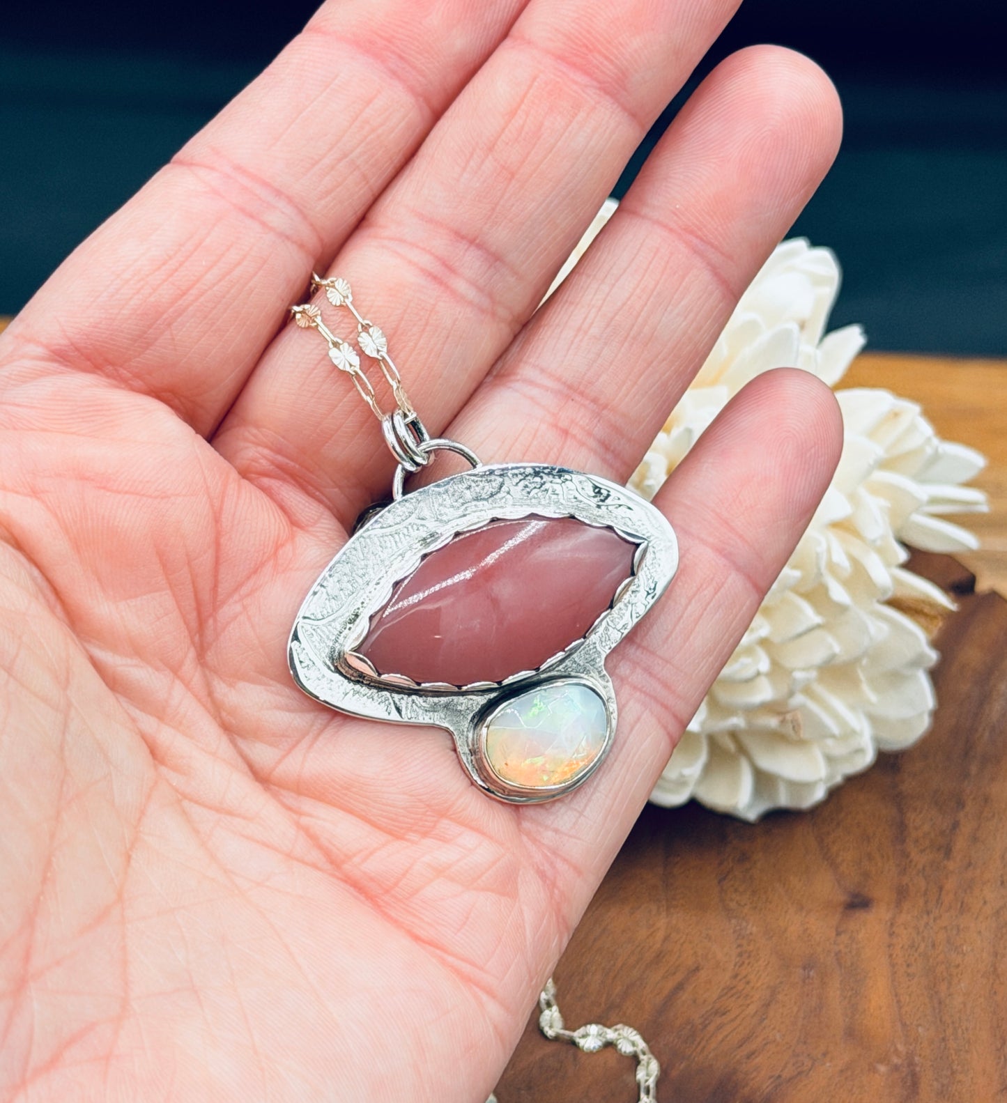 Guava Quartz and Ethiopian Welo Opal Sterling Silver Pendant