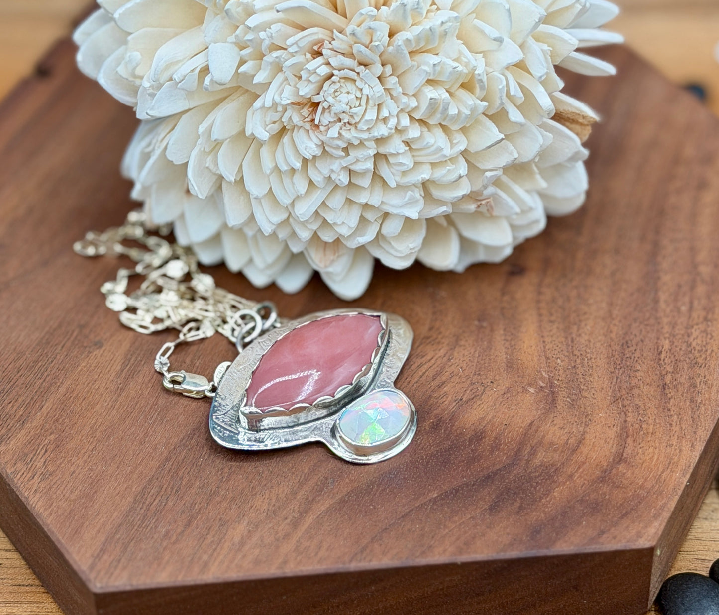 Guava Quartz and Ethiopian Welo Opal Sterling Silver Pendant