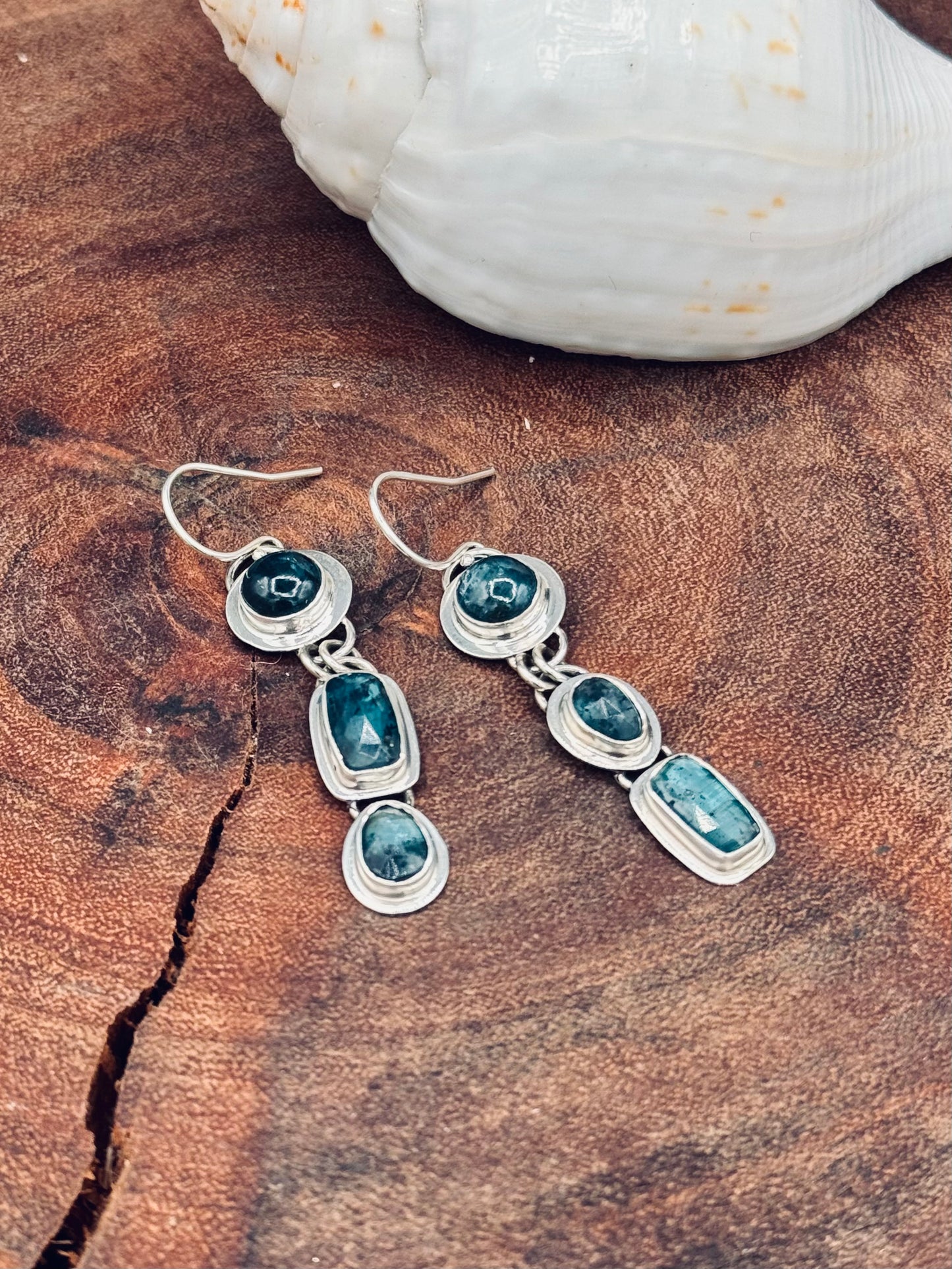 Triple Stone Teal Moss Kyanite Sterling Silver Dangle Earrings