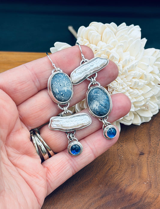 Blue Sponge Coral with Biwa Pearls and Blue Kyanite Sterling Silver Earrings