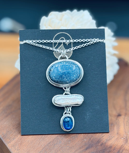 Blue Sponge Coral with Kyanite and Biwa Pearl Pendant