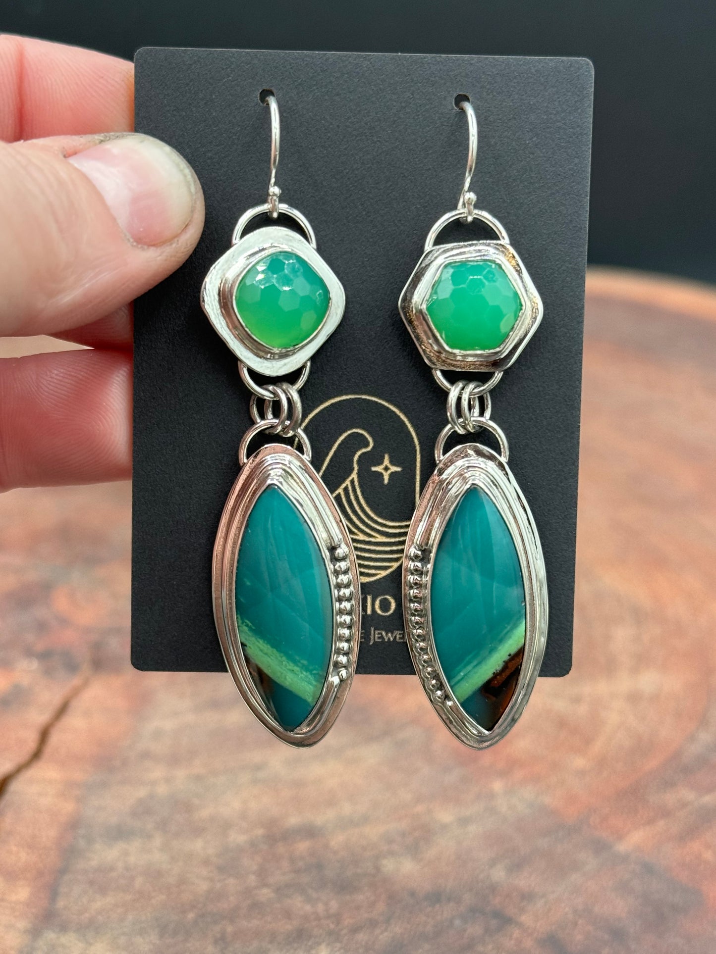 Blue Opalized Wood and Chrysoprase Sterling Silver Earrings