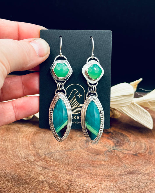Blue Opalized Wood and Chrysoprase Sterling Silver Earrings