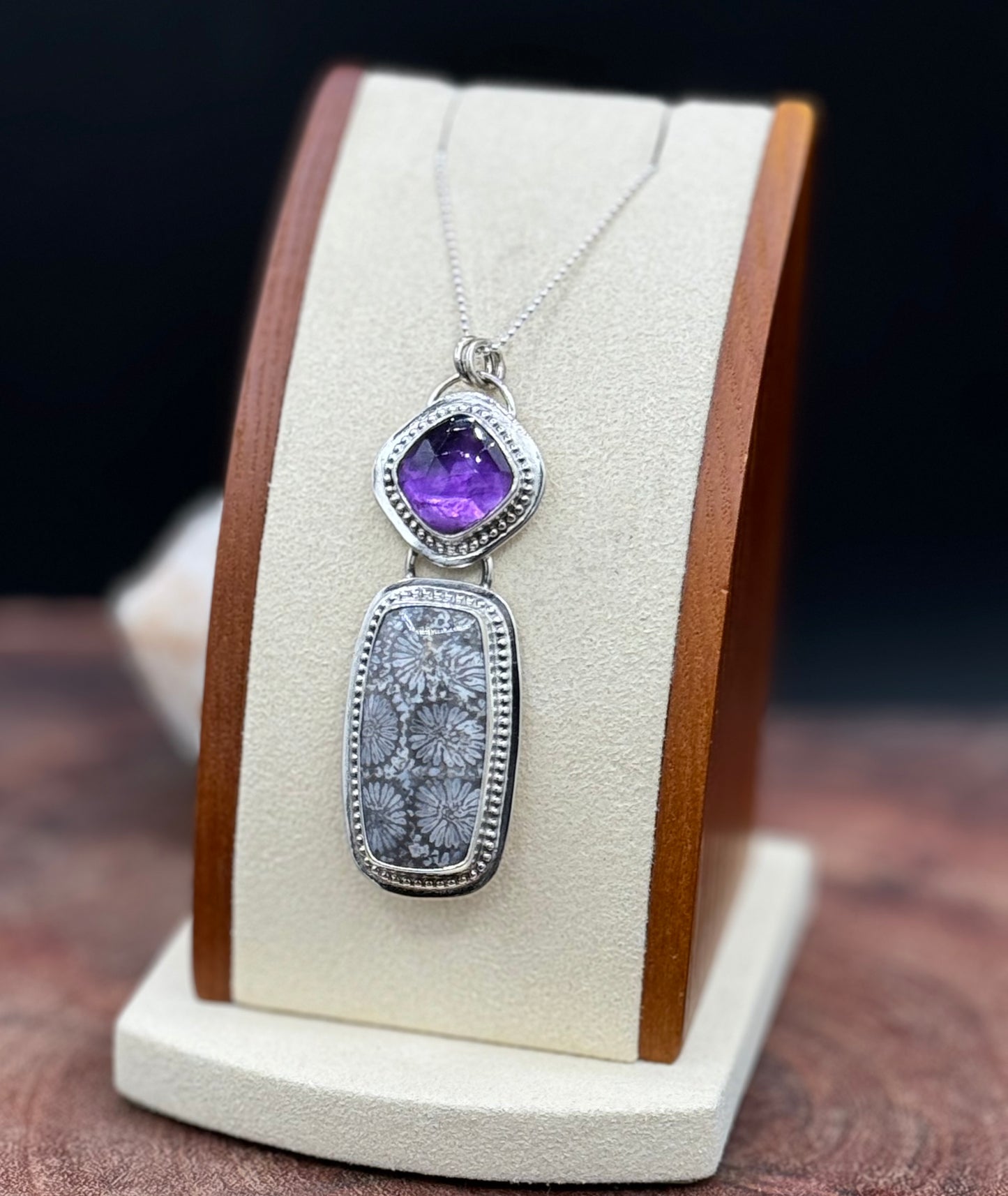 Fossilized Coral and Amethyst Pendant Necklace