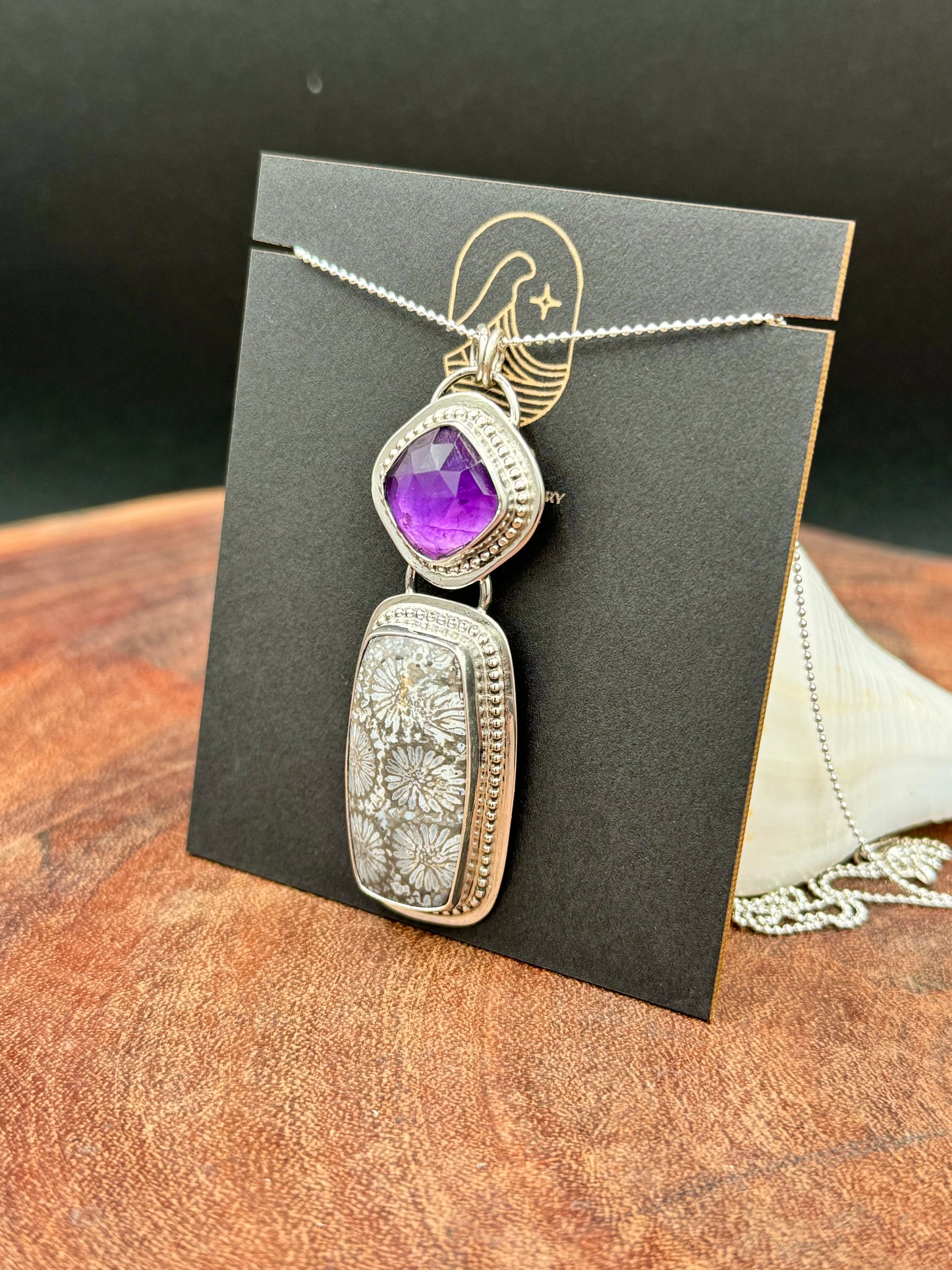 Fossilized Coral and Amethyst Pendant Necklace