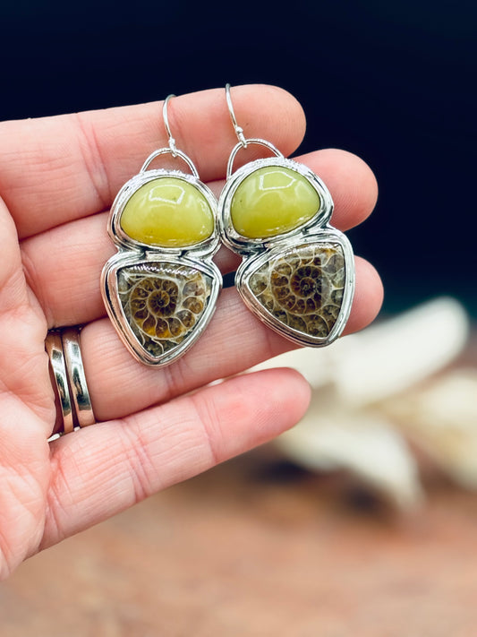 Ammonite and Vesuvianite Sterling Silver Earrings