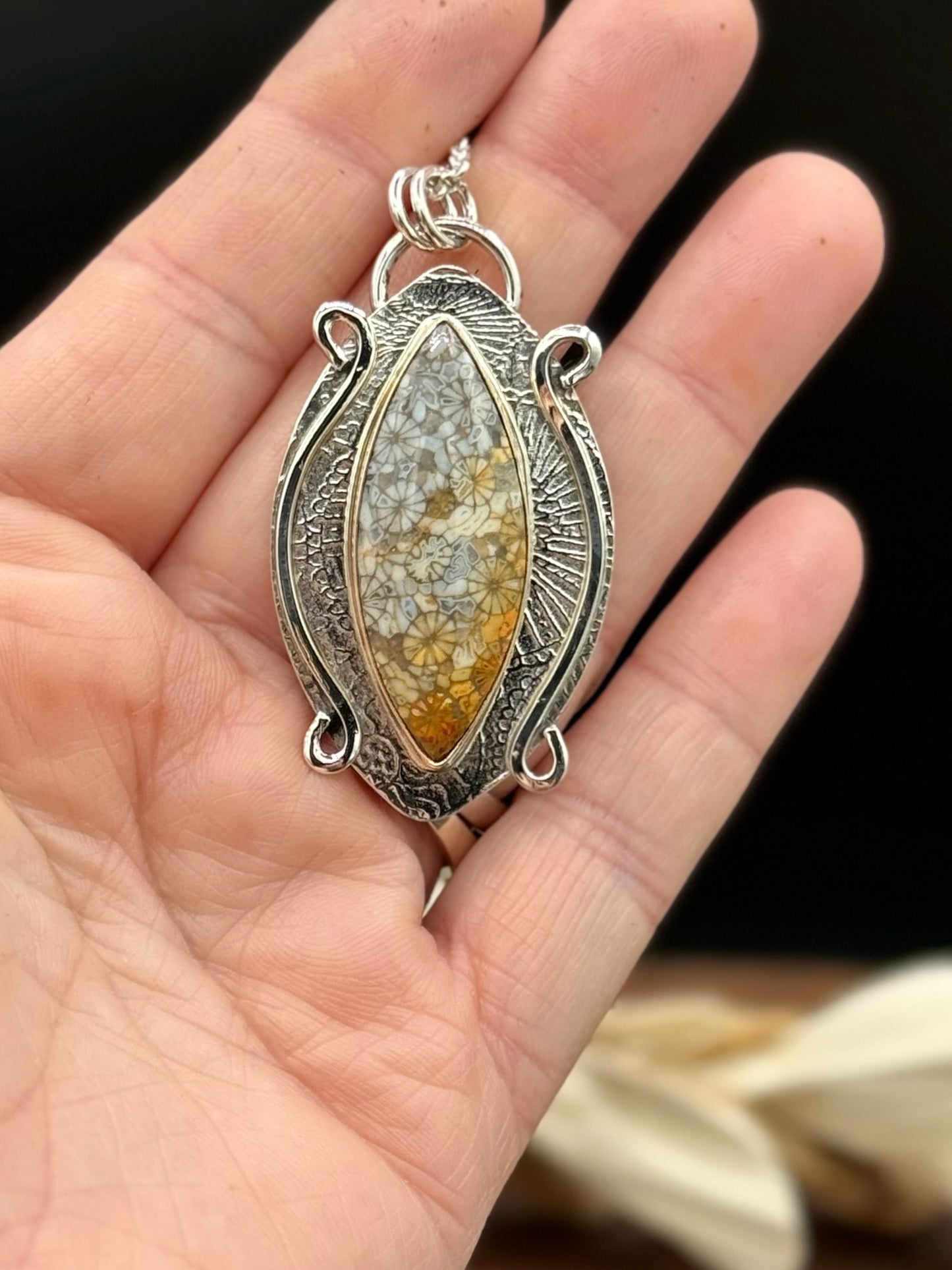 Fossilized Coral Sterling Silver Patterned Pendant