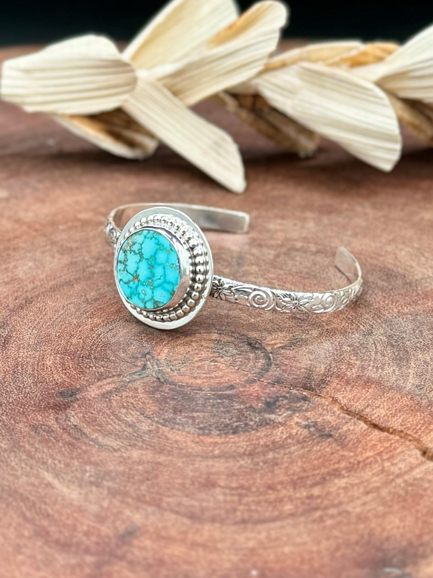 Natural Mountain Turquoise Sterling Silver Patterned Cuff