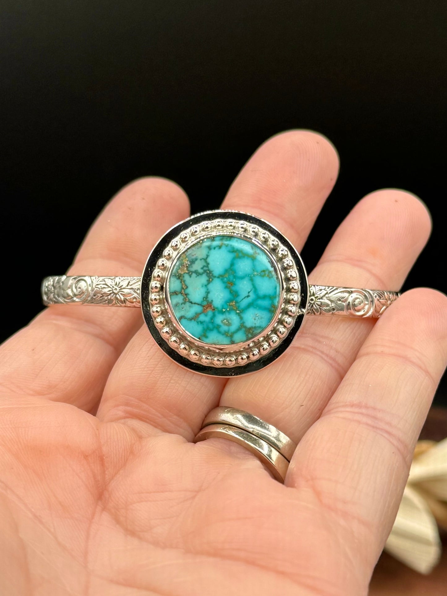 Natural Mountain Turquoise Sterling Silver Patterned Cuff