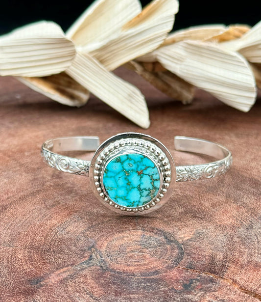 Natural Mountain Turquoise Sterling Silver Patterned Cuff