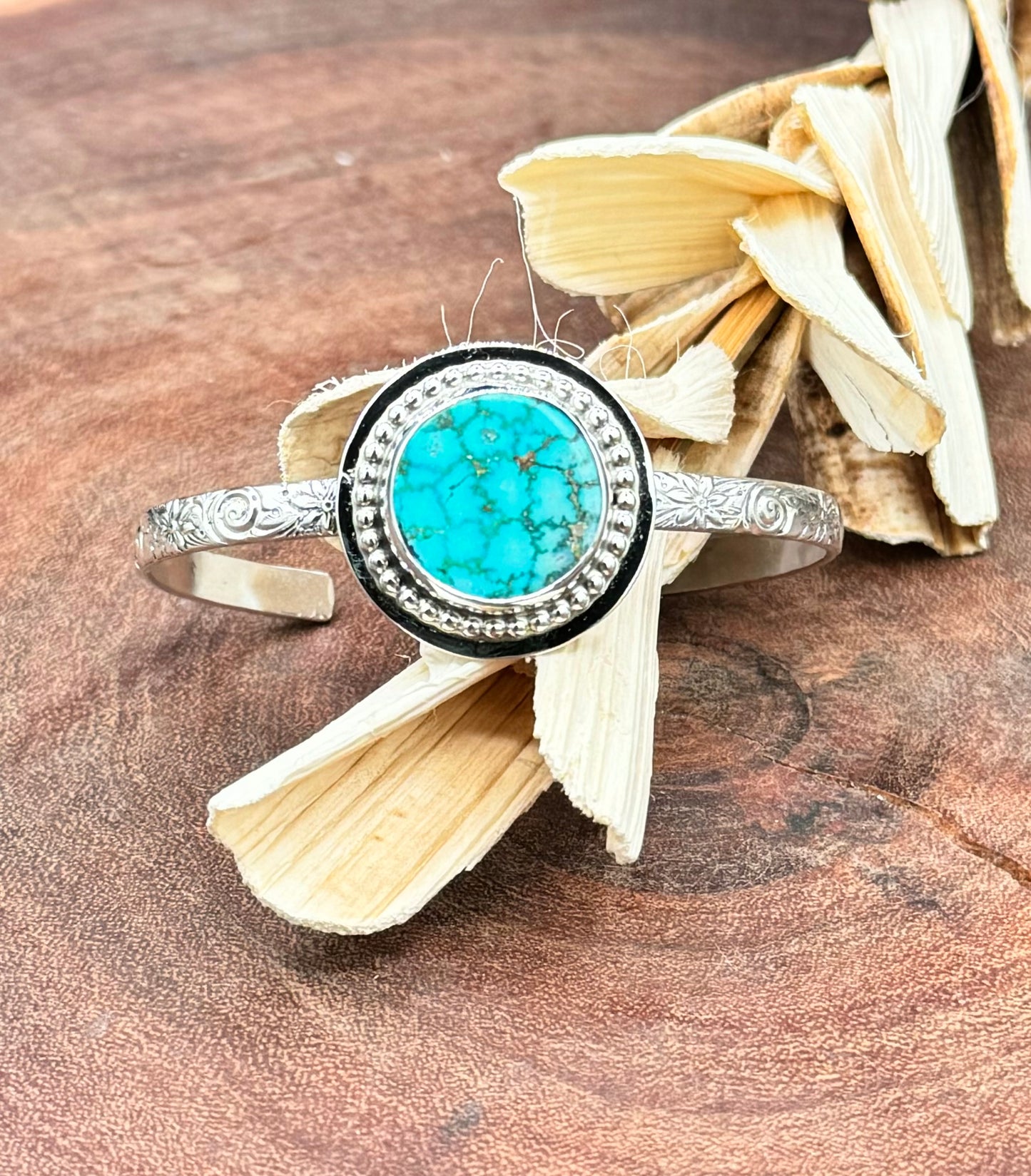 Natural Mountain Turquoise Sterling Silver Patterned Cuff