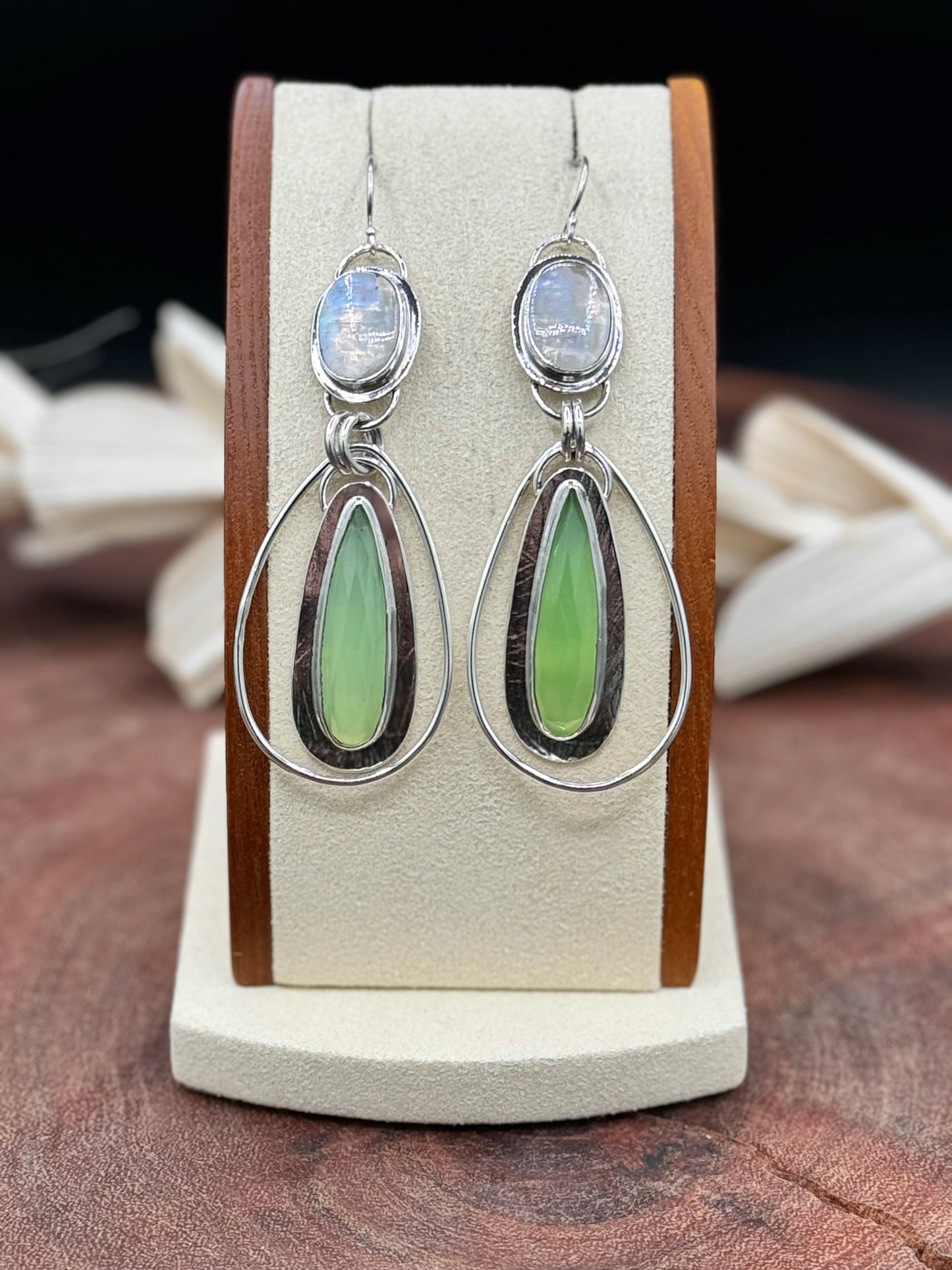 Sterling Silver Parrot Chalcedony and Rainbow Moonstone Earrings