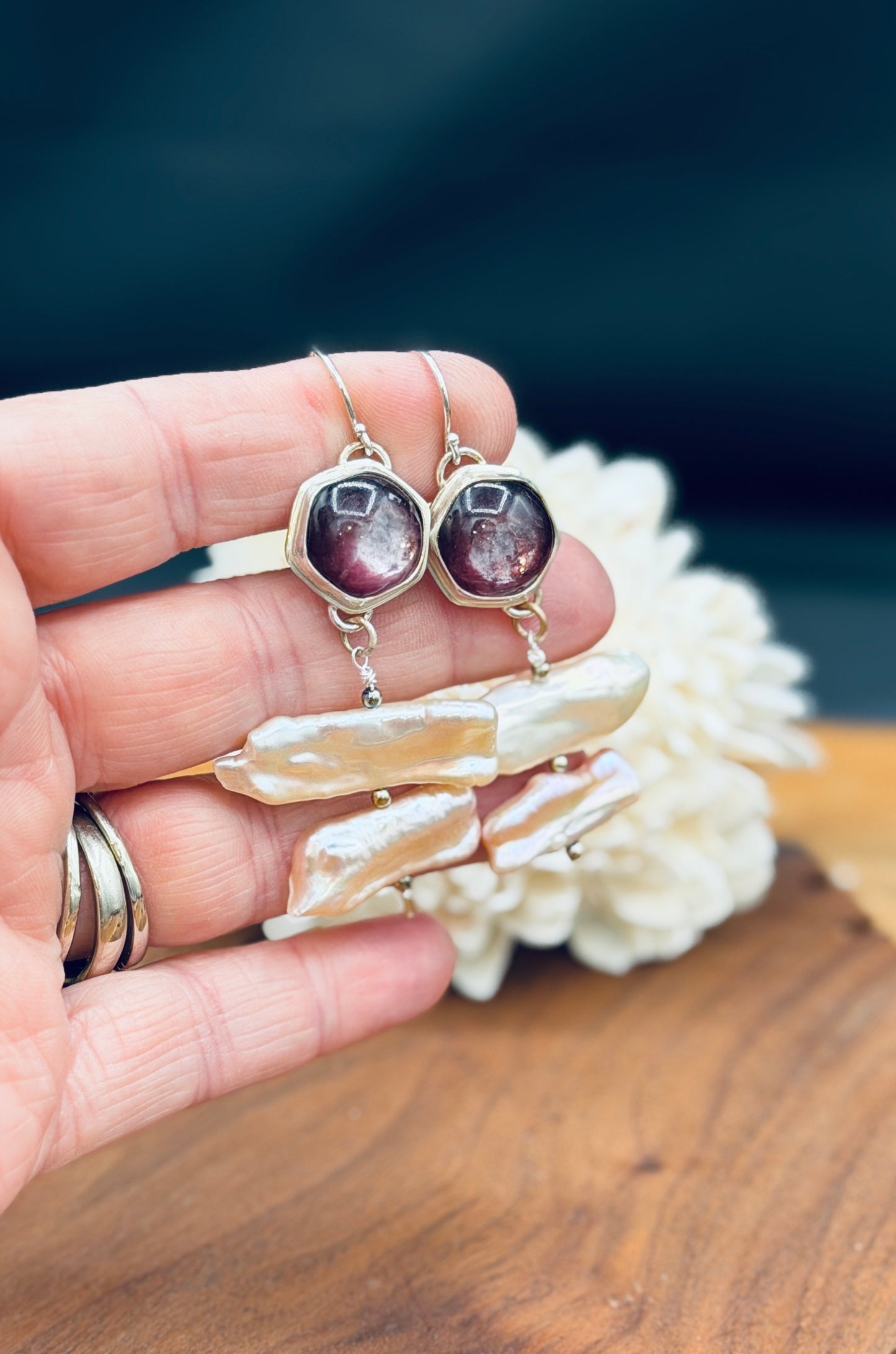 Sterling Silver Lepidolite with Biwa Pearls