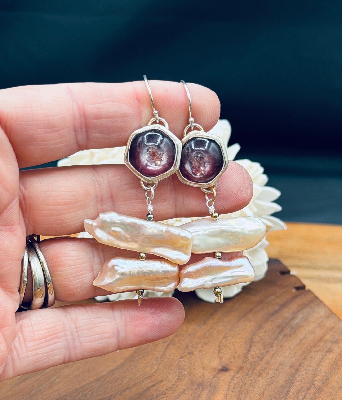 Sterling Silver Lepidolite with Biwa Pearls