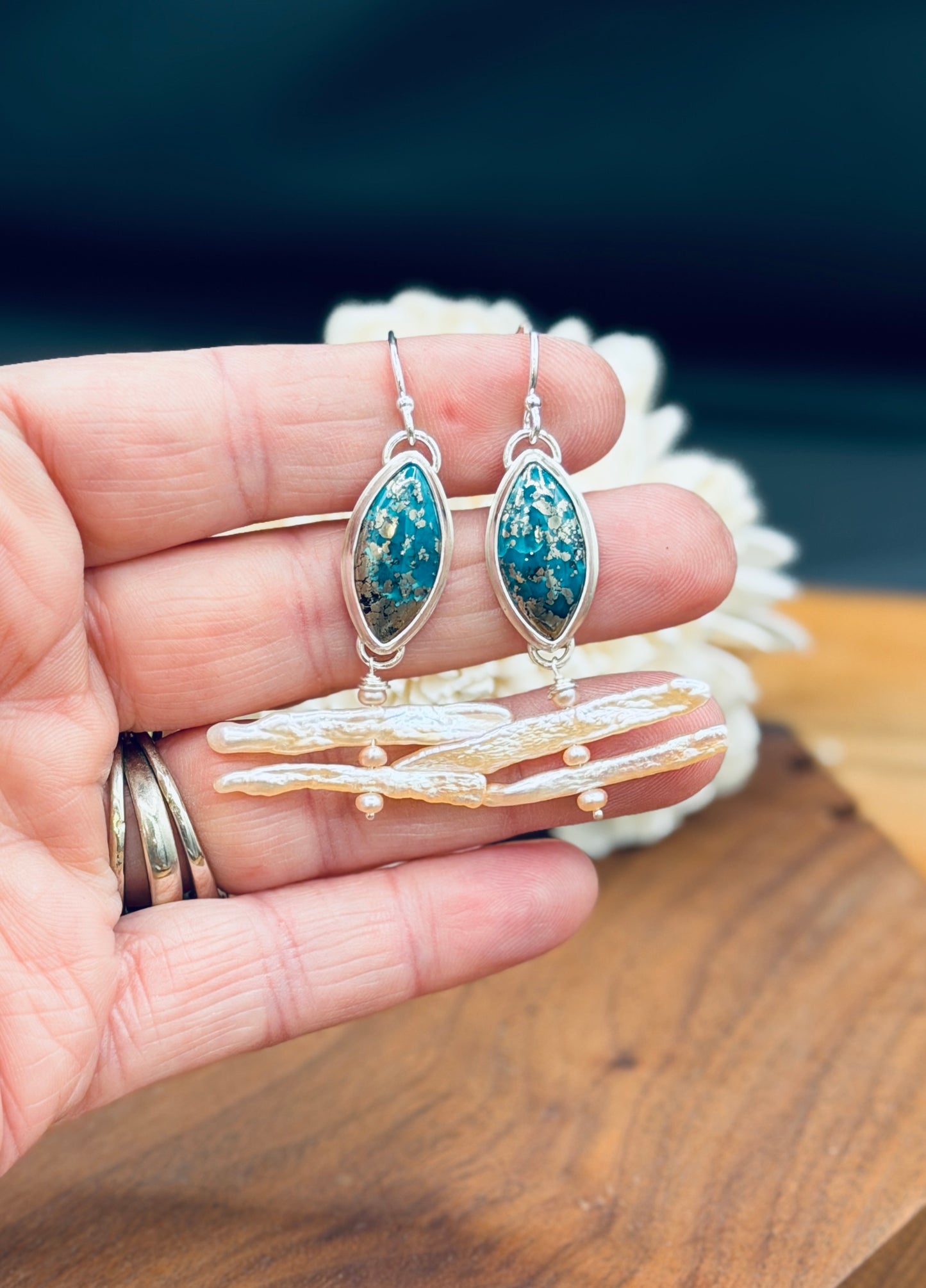 Sterling Silver Persian Turquoise and Biwa Pearls