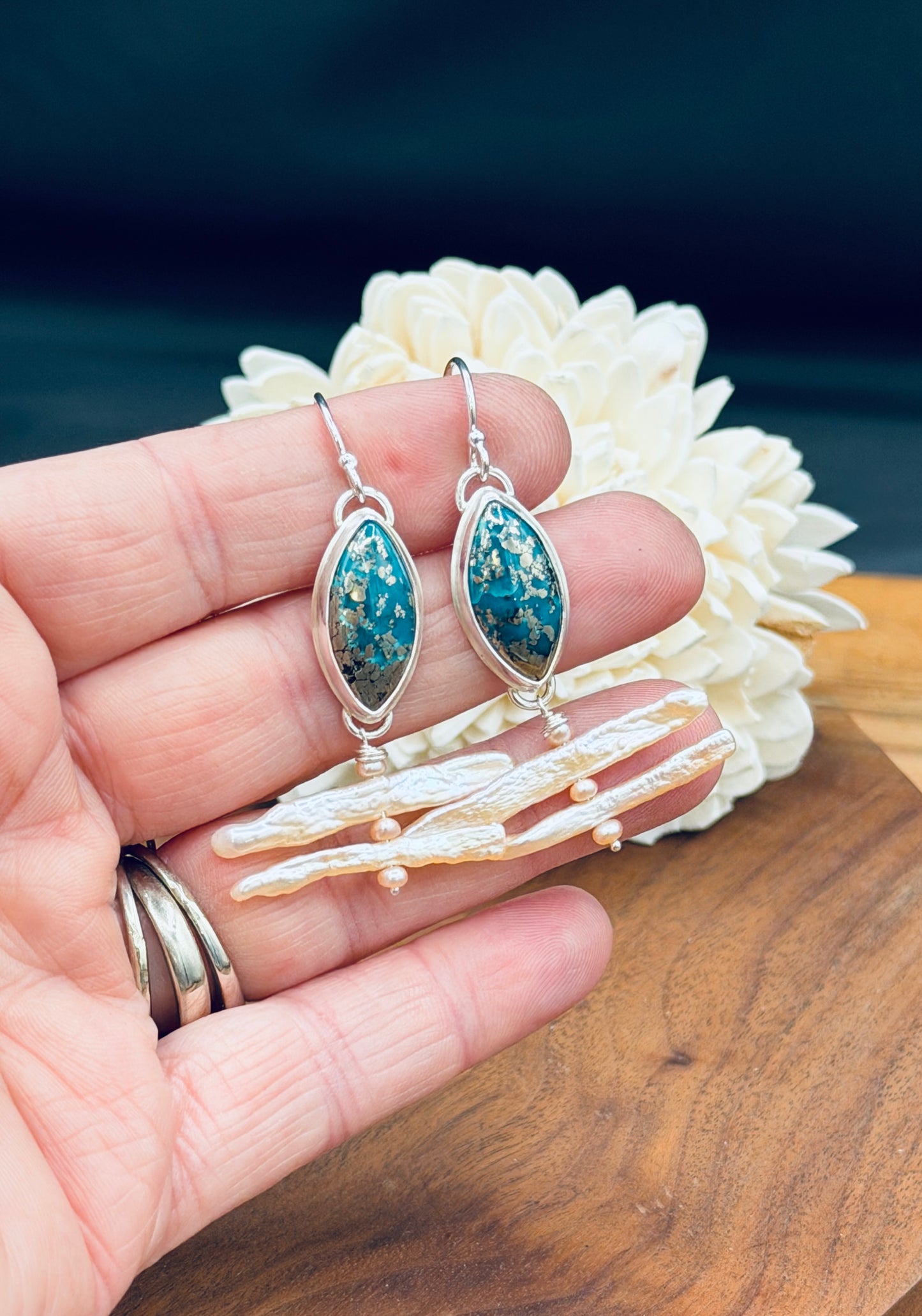 Sterling Silver Persian Turquoise and Biwa Pearls