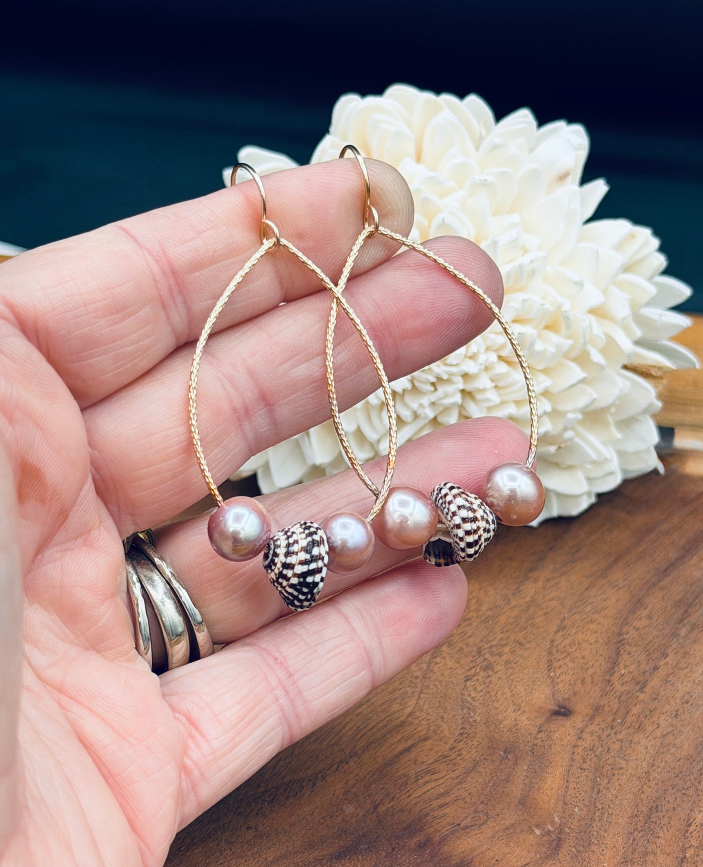 Gold Fill Tear Drop Hoops with Pink Pearls and Heliacus Shells