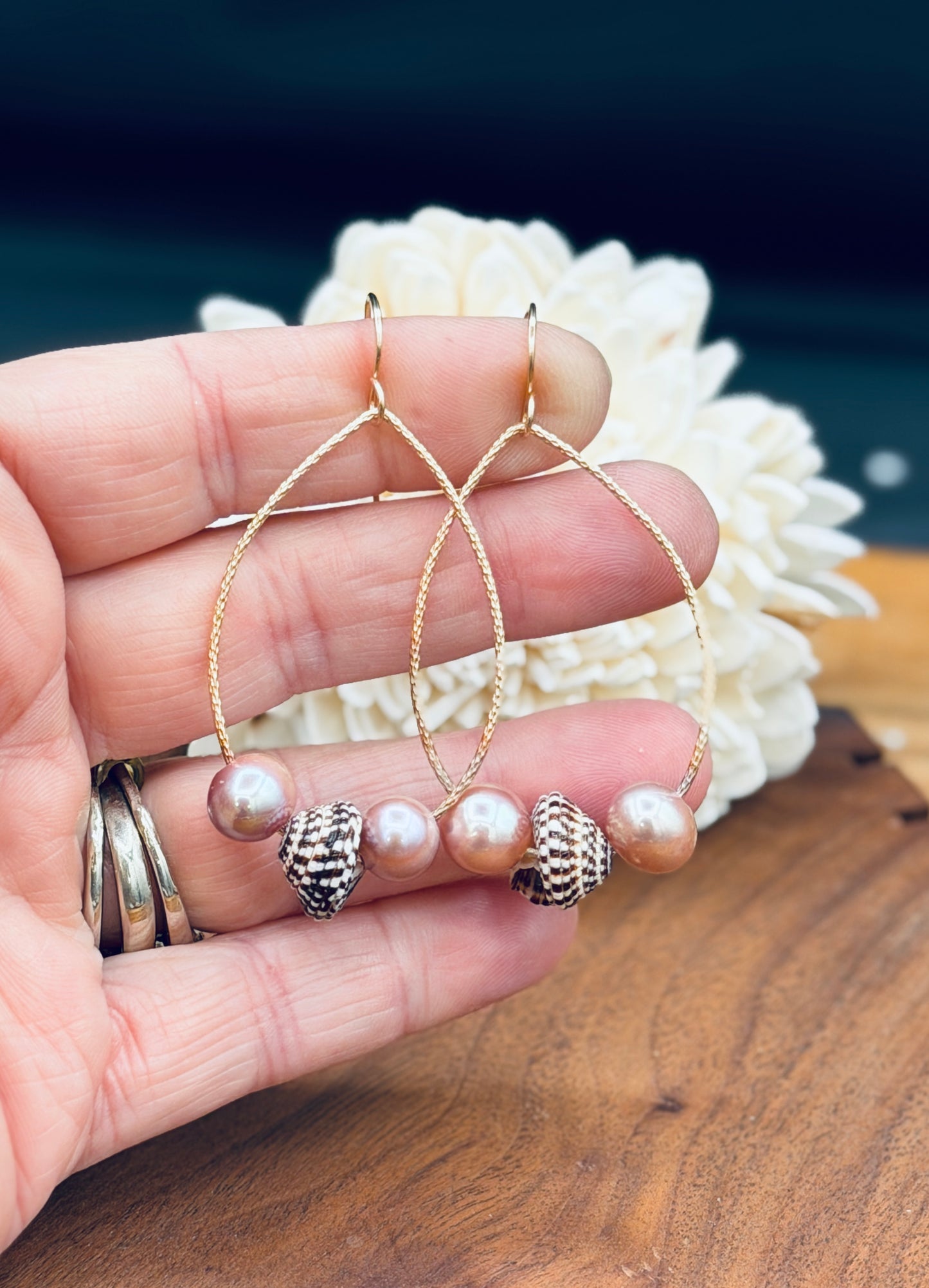 Gold Fill Tear Drop Hoops with Pink Pearls and Heliacus Shells