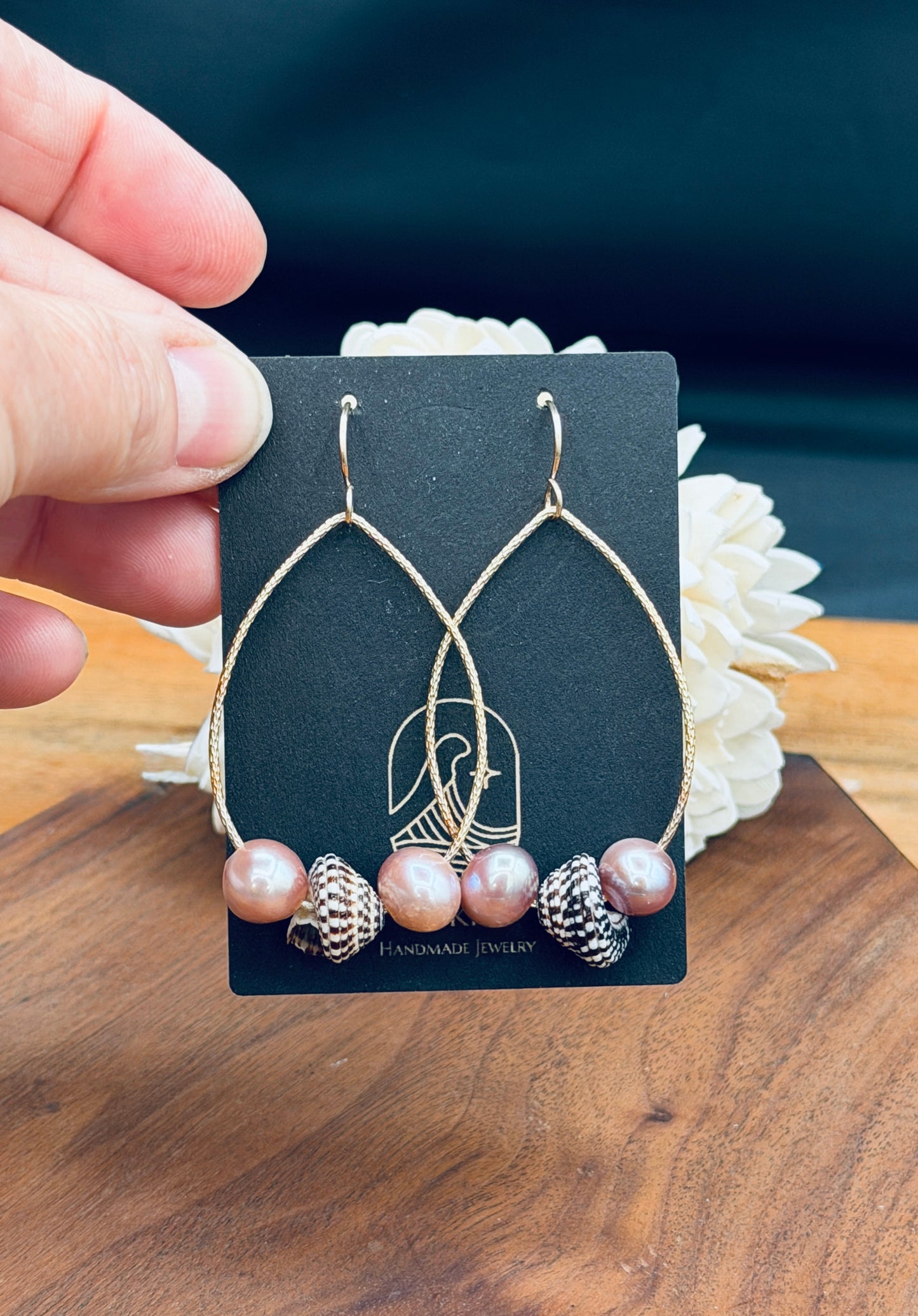 Gold Fill Tear Drop Hoops with Pink Pearls and Heliacus Shells