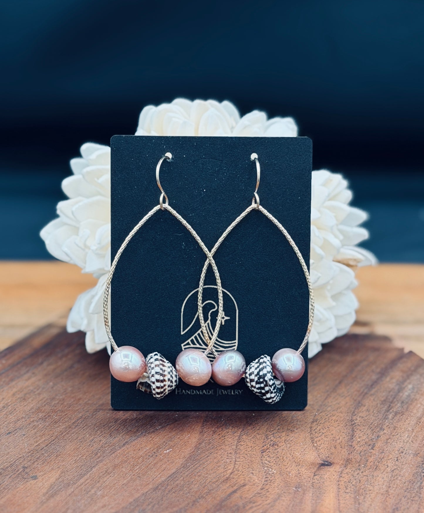 Gold Fill Tear Drop Hoops with Pink Pearls and Heliacus Shells