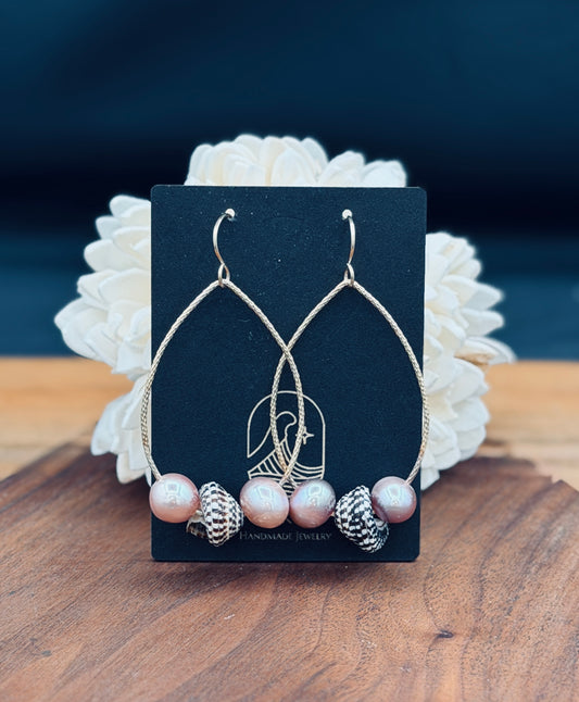 Gold Fill Tear Drop Hoops with Pink Pearls and Heliacus Shells