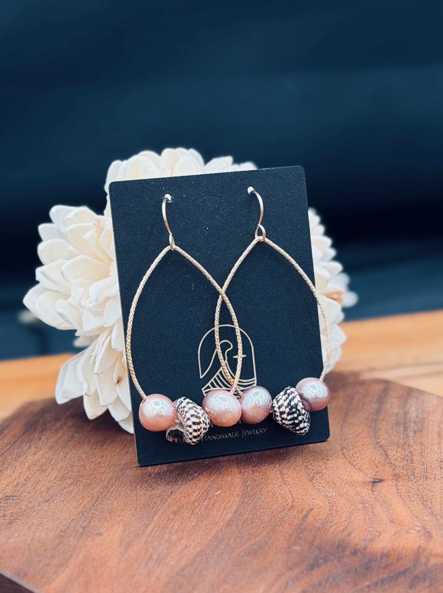 Gold Fill Tear Drop Hoops with Pink Pearls and Heliacus Shells